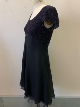 Womens, Evening Gown, BIEFF BASIX, Black, Purple, Silk, Beaded, Solid, W26, B30, S/S, Round Neck, Beaded Bust And Sleeves, Purple Stitching, Flared Bottom, Back Zipper,