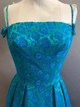Womens, Cocktail Dress, Rappi, Green, Blue, Cotton, Brocade, W24, B32, Spaghetti Strap with Bows, Squared Neck, Pleated, Back Zipper,