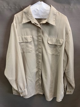 Womens, Blouse, JOANNA PLUS, Tan Brown, Polyester, Solid, 54B, 3XL, L/S, Button Front, Pockets With Flaps, Self Stripe/check