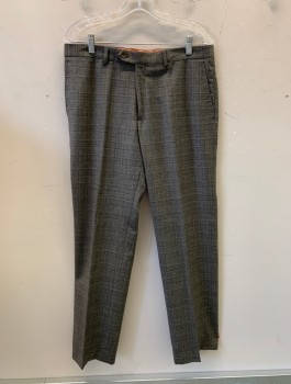 Mens, Suit, Pants, Gray, Dk Gray, Wool, Plaid, I:32, W:34, Flat Front, Button Tab, Zip Fly, 5 Pockets (Including 1 Watch Pocket), Belt Loops