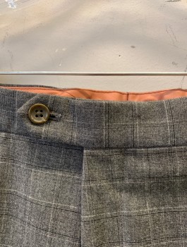 Mens, Suit, Pants, Gray, Dk Gray, Wool, Plaid, I:32, W:34, Flat Front, Button Tab, Zip Fly, 5 Pockets (Including 1 Watch Pocket), Belt Loops