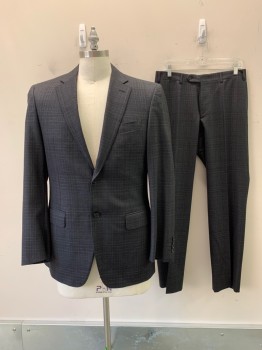 Mens, Suit, Jacket, CANALI, Charcoal Gray, Black, Wool, Plaid, 32/31, 40R, 2 Buttons, Single Breasted, Notched Lapel, 3 Pockets