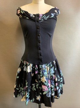 Byer Too!, Black, Baby Blue, Purple, Sea Foam Green, Gold, Cotton, Floral, Wide Neck, Button Front, Sleeveless, Pleated Skirt,