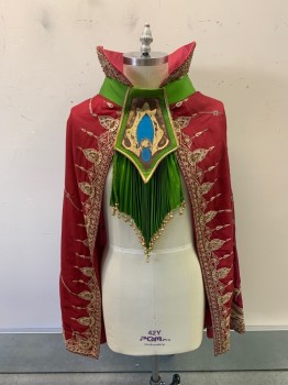 Unisex, Historical Fiction Cape, MTO, Cranberry Red, Jade Green, Multi-color, Cotton, Synthetic, Geometric, OS, Snap Closure, Ornate Embroidery, Gold And Glitter Painted Front, Plastic Heart Beads, Small Multicolored Beads **Tear At Shoulder