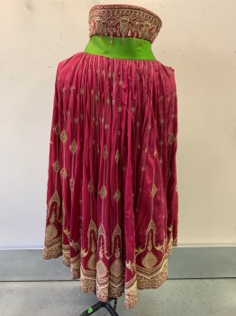 Unisex, Historical Fiction Cape, MTO, Cranberry Red, Jade Green, Multi-color, Cotton, Synthetic, Geometric, OS, Snap Closure, Ornate Embroidery, Gold And Glitter Painted Front, Plastic Heart Beads, Small Multicolored Beads **Tear At Shoulder