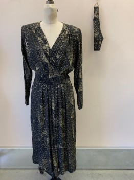 Womens, Evening Gown, PELLINI, Black, Gold, Champagne, Polyester, Speckled, B38, M, W30, L/S, V Neck, Crossover, Elastic Waist Band, Shoulder Pads, With Matching Waist Belt