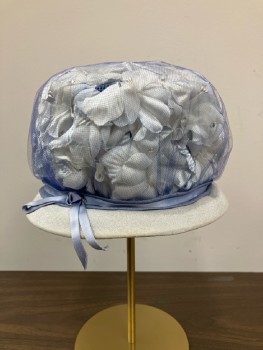 Womens, Hat, MR. BERT, White Flower Petals, Blue Net, Blue Band With Bow