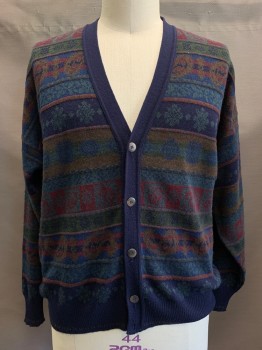 ITALIAN SWEATER, Navy Blue, Red Burgundy, Dk Green, Brown, Acrylic, Fair Isle, Cardigan Sweater, L/S, Button Front, V Neck,