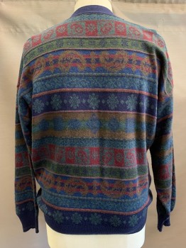 Mens, Sweater, ITALIAN SWEATER, Navy Blue, Red Burgundy, Dk Green, Brown, Acrylic, Fair Isle, 48C, Cardigan Sweater, L/S, Button Front, V Neck,