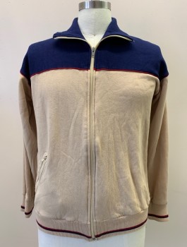 PLAYWAY, Khaki Brown, Navy Blue, Red, Acrylic, Color Blocking, L/S, Zip Front, Collar Attached, Side Pocket, Hole On Right Shoulder