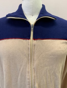 PLAYWAY, Khaki Brown, Navy Blue, Red, Acrylic, Color Blocking, L/S, Zip Front, Collar Attached, Side Pocket, Hole On Right Shoulder