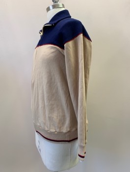 Mens, Sweater, PLAYWAY, Khaki Brown, Navy Blue, Red, Acrylic, Color Blocking, 42, L/S, Zip Front, Collar Attached, Side Pocket, Hole On Right Shoulder