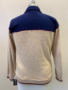 Mens, Sweater, PLAYWAY, Khaki Brown, Navy Blue, Red, Acrylic, Color Blocking, 42, L/S, Zip Front, Collar Attached, Side Pocket, Hole On Right Shoulder