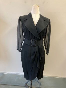 BB COLLECTIONS, Black, Rayon, Polyester, Solid, Crepe Wrap Cocktail Length Evening, Very Wide Notched Lapel, Princess Seams, Chiffon L/s with Pleats At Shoulder Caps, Shoulder Pads, Single Button Closure & Pleated Ruffle From CF Waist, Belt Loops, MATCHING BELT with Rhinestone Detail On Buckle