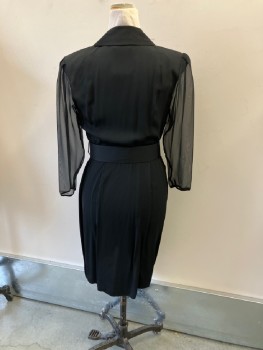 BB COLLECTIONS, Black, Rayon, Polyester, Solid, Crepe Wrap Cocktail Length Evening, Very Wide Notched Lapel, Princess Seams, Chiffon L/s with Pleats At Shoulder Caps, Shoulder Pads, Single Button Closure & Pleated Ruffle From CF Waist, Belt Loops, MATCHING BELT with Rhinestone Detail On Buckle