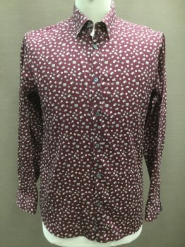 TED BAKER, Red Burgundy, White, Lt Blue, Green, Cotton, Floral, B.F., Bttn Down Collar, L/S,