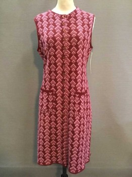 Joseph Magnin, Maroon Red, Pink, Synthetic, Geometric, Knit, Button Front, 2 Pockets, Round Neck, Sleeveless