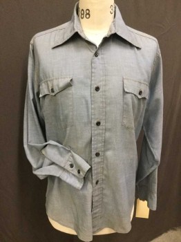LEVI'S, Baby Blue, Poly/Cotton, Solid, Top Stitches, Collar Attached, Black Button Front, 2 Pocket with Bat-wing Flap, Long Sleeves,