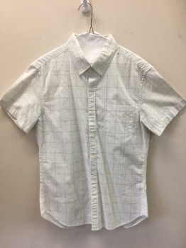 BONOBOS, White, Gray, Cotton, Grid , Heathered, Button Front, Button Down Collar with 1 Pocket, Short Sleeves,
