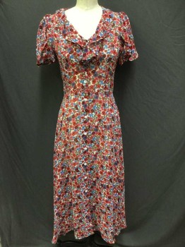 Womens, Dress, Short Sleeve, CHRISTY DAWN, Cranberry Red, Red Burgundy, Pink, Blue, White, Synthetic, Floral, Small, Hem Below Knee, Short Sleeve,  Ruffle Neckline, Sheer, Unlined, Button Front