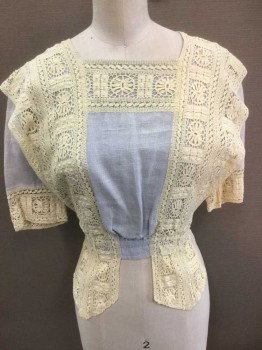 N/L, Lt Blue, Lt Yellow, Linen, Lace, Solid, Light Blue Linen, with Light Yellow Crochet Lace Accents, 3/4 Sleeve, Square Neck, Hook & Eye Closures At Center Back,  **Stains On Sleeve,