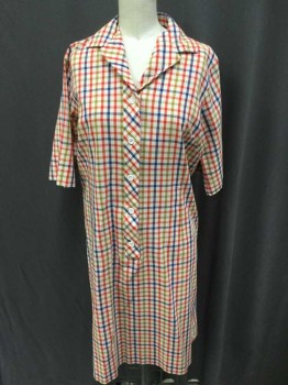 Ecru, Red, Blue, Lime Green, Cotton, Gingham, Short Sleeve,  Button Front, Collar Attached, Plain Weave