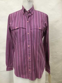 PETER ASHLEY, Pink, Gray, Fuchsia Pink, Red-Orange, Cotton, Polyester, Stripes - Vertical , Collar Attached,  Button Down, Bf, Yoke Flaps W/1 Button Pocket, , Long Sleeves,