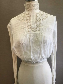 N/L, White, Cotton, Lace, Solid, Floral, Long Sleeves, Buttons In Back, Crochet Lace Inset At Chest/Shoulders and High Neck, Crochet Lace Trim At Cuffs, Floral Embroidery At Bust, Gathered Into 1" Wide Waistband/Hem,