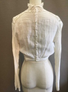N/L, White, Cotton, Lace, Solid, Floral, Long Sleeves, Buttons In Back, Crochet Lace Inset At Chest/Shoulders and High Neck, Crochet Lace Trim At Cuffs, Floral Embroidery At Bust, Gathered Into 1" Wide Waistband/Hem,