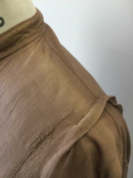 N/L, Brown, Cotton, Solid, Long Sleeves, Band Collar, Hidden Button Placket at Front, Self Embroiderred Circles at Button Placket, and Top of Small Patch Pocket at Chest, Ankle Length Hem, Made To Order **Faded at Shoulders, Has a Number of Mends/Wear/Stains Throughout,