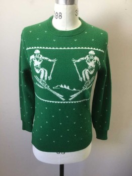 Mens, Pullover Sweater, TOMMY HILFIGER, Green, White, Cotton, Novelty Pattern, S, Green with White Novelty Skiers with Tiny Dots/Stripes, Knit, Long Sleeves, Crew Neck