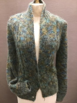 MANKES, Teal Blue, Dk Gray, Olive Green, Mohair, Wool, Mottled, Shawl Lapel, Rib Knit Shawl Collar, 3 Buttons,