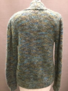 MANKES, Teal Blue, Dk Gray, Olive Green, Mohair, Wool, Mottled, Shawl Lapel, Rib Knit Shawl Collar, 3 Buttons,