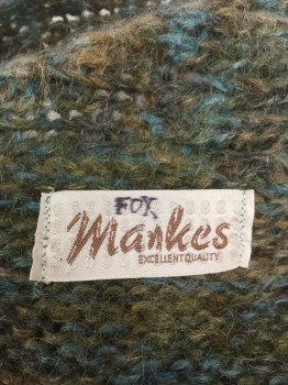 Womens, Sweater, MANKES, Teal Blue, Dk Gray, Olive Green, Mohair, Wool, Mottled, Small, Shawl Lapel, Rib Knit Shawl Collar, 3 Buttons,