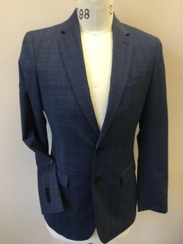 Mens, Suit, Jacket, BANANA REPUBLIC, Black, Gray, Teal Blue, Wool, Plaid-  Windowpane, Plaid, 33, 38R , 29.5, with Diagonal Self Slate Gray Lining, Notched Lapel, , Single Breasted, 2 Black Button Front, 3 Pockets, Long Sleeves, 2 Split Back Hem