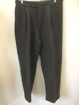 N/L, Dk Brown, Gray, Wool, Stripes - Chalk , Dark Brown with Gray Chalk Stripes, Pleated Waist, Suspender Buttons Inside Waist, Button Fly, 3 Pockets, Adjustable Straps with Buckles at Side Waist, Button Tab Waist, Made To Order Reproduction,