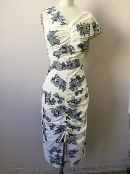 Womens, Dress, Sleeveless, REFORMATION, White, Navy Blue, Floral, S, Asymmetrical, Sleeveless, V-neck, Rooched Center Front with Drawstring and Front Slit