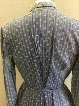 DIX-MAKE, Navy Blue, White, Cotton, Floral, Stripes, Navy Background with White Dotted Stripes and Floral Pattern, Hook & Eye Front Over Button Front, Pleated at Collar, Collar Attached, Long Sleeves, Ruffle Hem, Severe Burn on Collar/Shoulder/Sleeves, Gathered Sleeves at Shoulder, Skirt Pleated at Center Back, Self Attached at Back Belt,