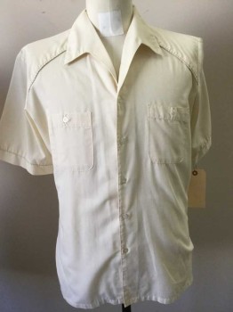 JORDAN CHRISTOPHER, Cream, Polyester, Solid, Slubbed Poly, Short Sleeves, Button Front, Collar Attached, 2 Pockets,