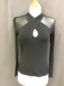 INC, Black, Polyester, Spandex, Solid, Stretch Mesh and Stretch Solid, Criss Cross Front Neck, Button Back Neck