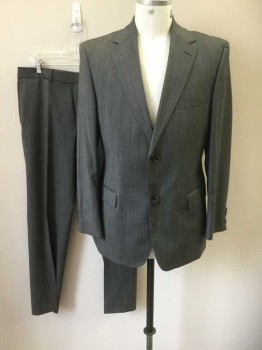 HUGO BOSS, Dk Gray, Wool, Solid, Single Breasted, Collar Attached, Notched Lapel, 2 Buttons,  3 Pockets, Hand Picked Collar/Lapel