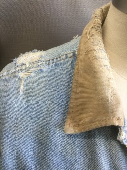 Mens, Jean Jacket, STORM RIDER LEE, Denim Blue, Lt Blue, Tan Brown, Cotton, Acrylic, Solid, 44, Light Faded Denim, Tan Ribbed Texture Collar, Button Front, 2 Pockets, Acrylic Fuzzy Gray Lining, Very Aged/Holey Throughout, Multiples,