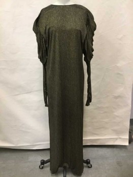 Womens, Cocktail Dress, MISSONI, Black, Gold, Metallic, Abstract , Dashed Pattern, Long Sleeves, Draped Panels At Shoulders, Shoulder Pads, Sleeves Are Ruched At Seams, Round Neck,  Hem Mid-calf,  Slit At Side Hem, Shift Dress, 1 Button  And Hook+Eyes At Center Back Neck,