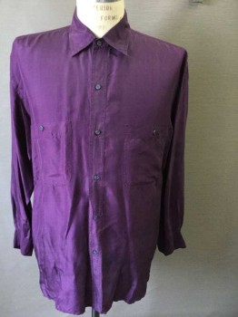Mens, Club Shirt, ROBERT STOCK, Aubergine Purple, Silk, Solid, 35, 16, Long Sleeves, Button Front, Collar Attached,  2 Pockets,
