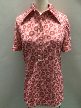 N/L, Pink, Bubble Gum Pink, Coral Pink, Nylon, Polka Dots, Novelty Pattern, Short Sleeves, Pullover, Collar Attached, 5 Buttons, Knit,