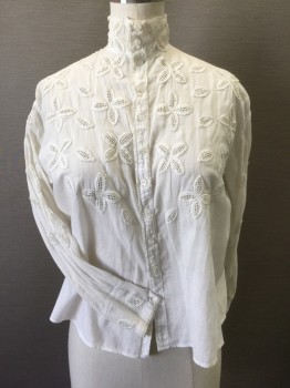 N/L, Off White, Cotton, Floral, Solid, 3/4 Sleeves, Button Front, High Neck, Self 4 Petal Flowers and Leaves Embroidery/Open Threadwork at Front, Many Vertical Pin Tucks in Back,  **Mended at Cuffs,