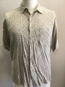 PIERRE CARDIN, Taupe, Beige, White, Brown, Rayon, Earth-tones Small Diamonds Pattern, Short Sleeve Button Front, Collar Attached, 1 Patch Pocket,