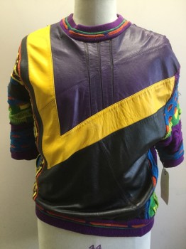 SAXONY COLLECTON, Purple, Yellow, Turquoise Blue, Orange, Black, Cotton, Leather, Abstract , Color Blocking, Pullover, Crew Neck, Short Sleeves, Patchwork Front, Assorted Patterned Stripes on Back, Coogi Style