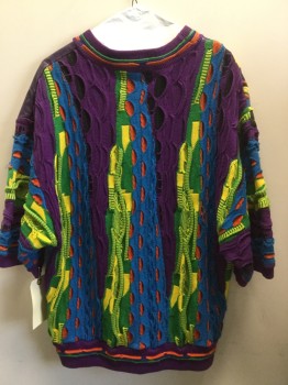 SAXONY COLLECTON, Purple, Yellow, Turquoise Blue, Orange, Black, Cotton, Leather, Abstract , Color Blocking, Pullover, Crew Neck, Short Sleeves, Patchwork Front, Assorted Patterned Stripes on Back, Coogi Style