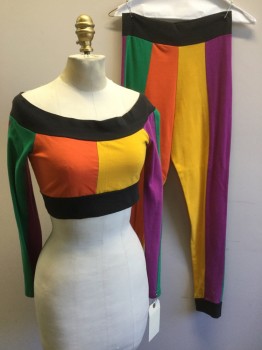 Womens, 1990s Vintage, Piece 1, TRIPP, Gray, Magenta Purple, Orange, Yellow, Black, Cotton, Color Blocking, S, TOP - Décolletage, Long Sleeves, Cropped, Jersey